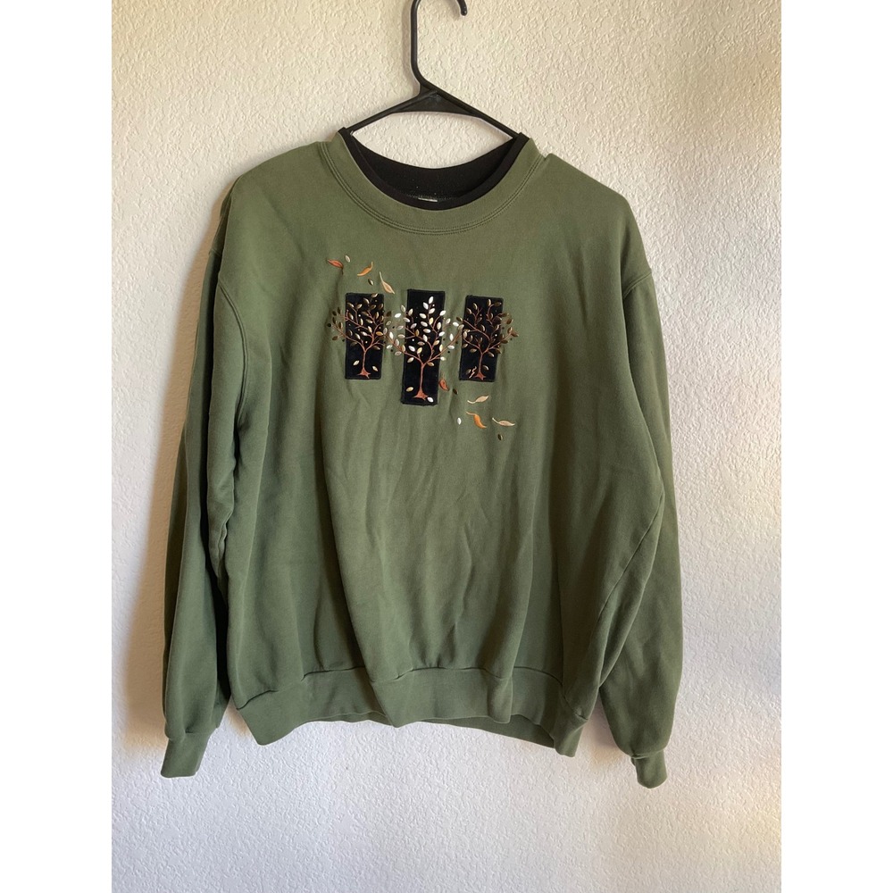 Decorated Originals Embroidered Tree Sweatshirt Green Large Fall Nature Pullover